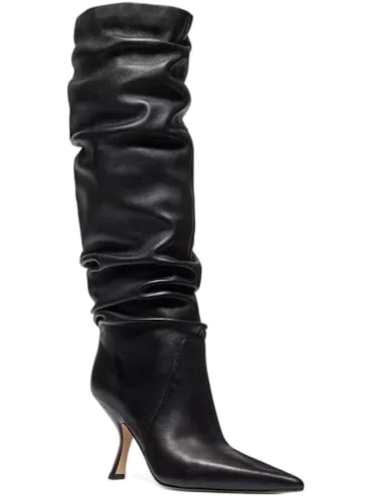 Women's Black Pu Slouchy Knee High Boots Kitten Heels Pointed Toe Tall Boots